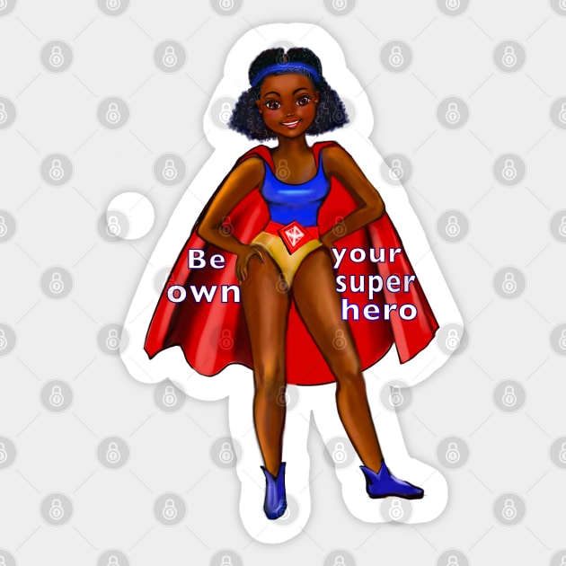 Be your own superhero 2 - Black anime superhero girl with red cape ! beautiful  black girl with Afro hair, brown eyes, Cherry pink lips and dark brown skin. Hair love ! Sticker by Artonmytee